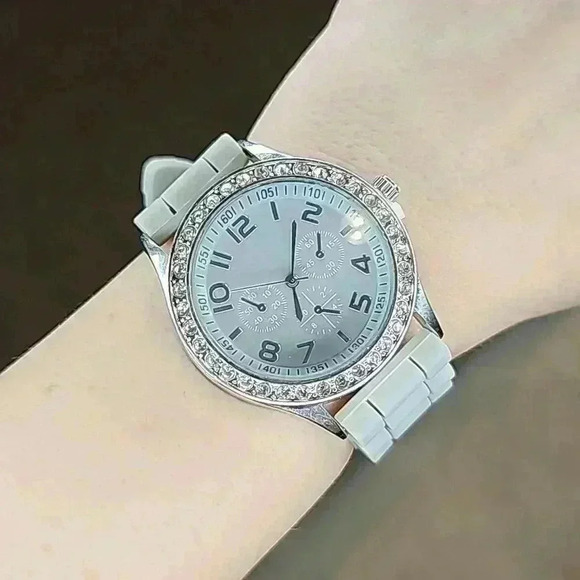 Darice Soft Gray Faux Three Eye Style Watch & Soft Silicone Band With Gem Accent - Picture 1 of 3